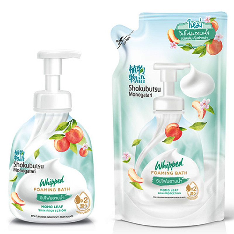 "SHOKUBUTSU Monogatari" Whipped Foaming Bath MONO LEAF (Bottle 450 ml + Refill 450 ml) -โชกุบุสซึ