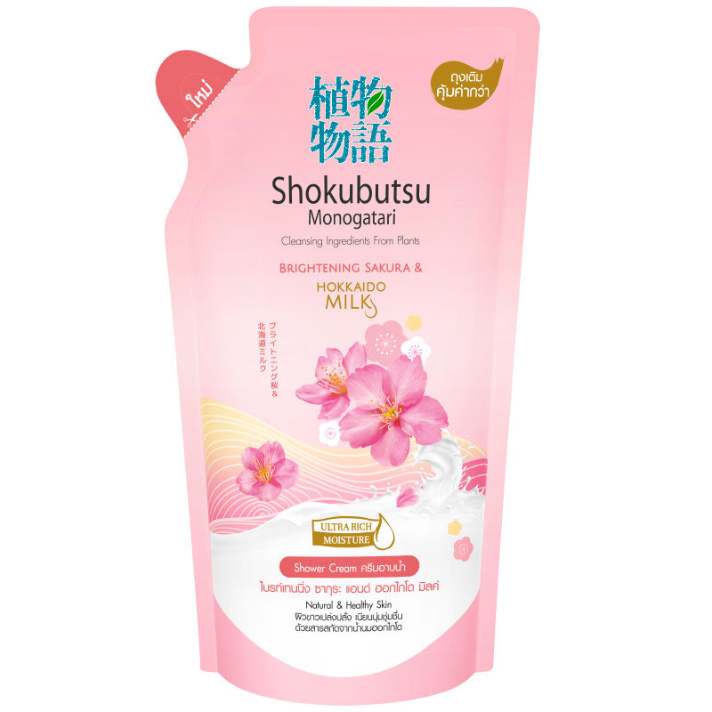 "SHOKUBUTSU Monogatari" Shower Cream BRIGHTENING SAKURA & HOKKAIDO MILK (Refill 500 ml) - ครีมอาบน้ำ