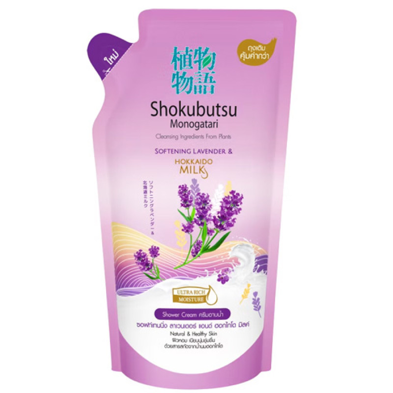 "SHOKUBUTSU Monogatari" Shower Cream Softening LAVENDER & Hokkaido Milk (Refill 500 ml) - ครีมอาบน้ำ ลาเวนเดอร์