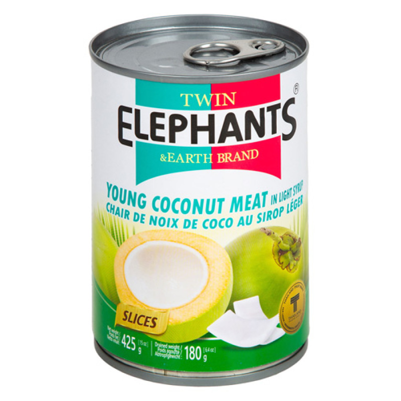 "TWIN ELEPHANTS" Young Coconut Meat In Light Syrup (425 grams) - เนื้อมะพร้าวอ่อน (แผ่น) ในน้ำเชื่อมหวานน้อย
